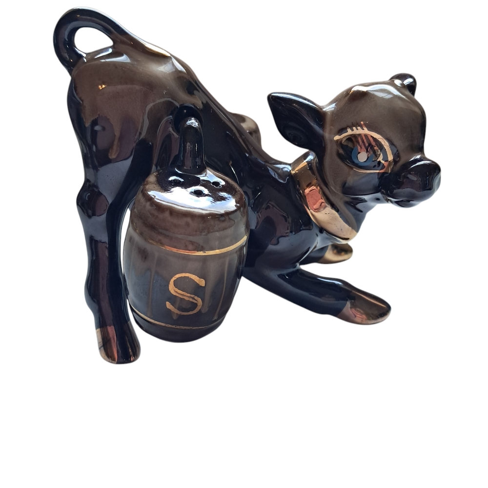 Playful Steer Calf With Salt & Pepper Barrel Shakers Vintage Ceramic Redware
